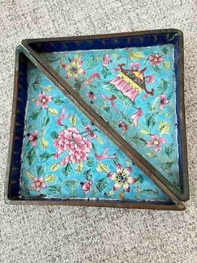 Vintage (1930s) Handpainted Floral Enamel Trinket Dish - Turquoise & Pink